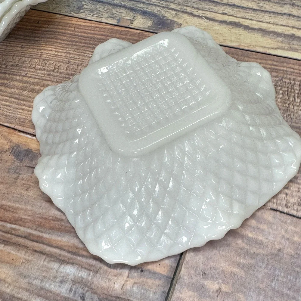 Set of 4 Vintage Hazel Atlas‎ White Milk Glass Diamond Pattern Nut Dishes MCM